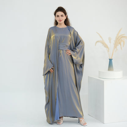 Elegant Solid Color Two Piece Abaya Set with Inner Dress