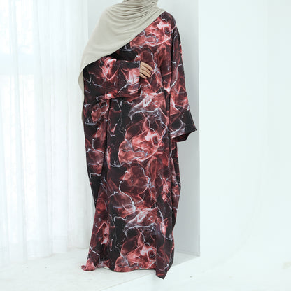 Satin Printed Maxi Dress with Waist Belt and Batwing Sleeves