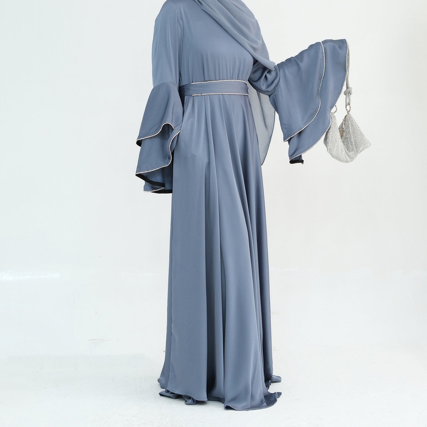 Beaded Nida Double-Layer Flare Sleeve Luxury Modest Maxi Dress