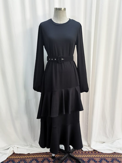 Elegant Ruffle Hem Knit Maxi Dress with Belt Modest Style