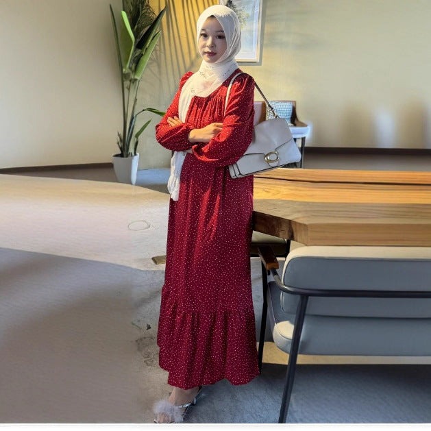 Polka Dot Ruffle Hem Maxi Dress with Puff Sleeves and Pockets