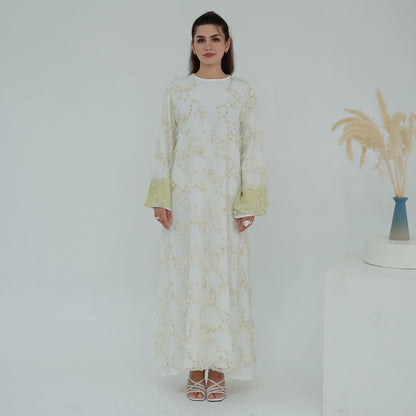 Elegant 3D Floral Mesh Open Abaya with Optional Inner Dress and Scarf