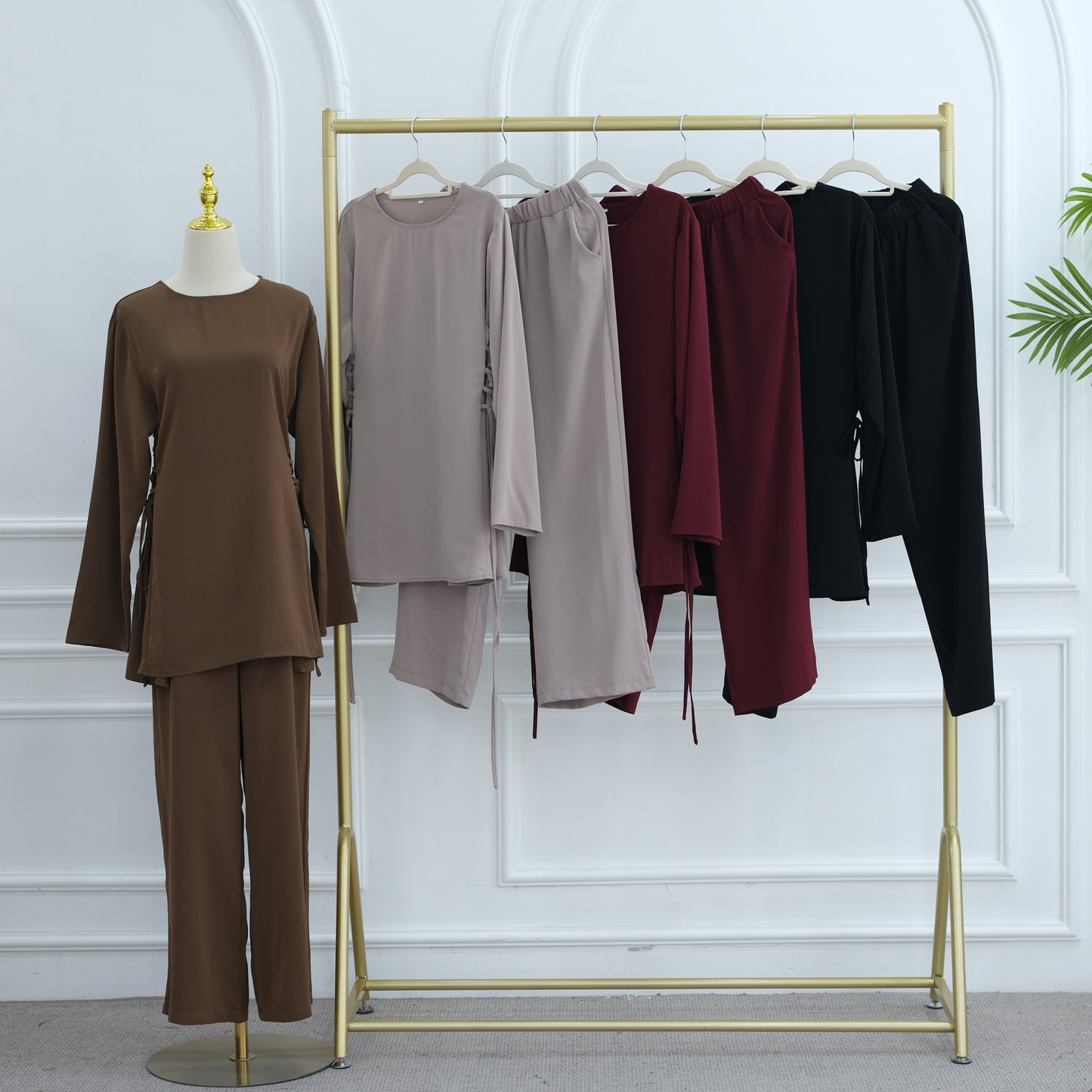 Elegant Modest Two-Piece Set with Long-Sleeve Top and Wide-Leg Pants | Nida Fabric Outfit
