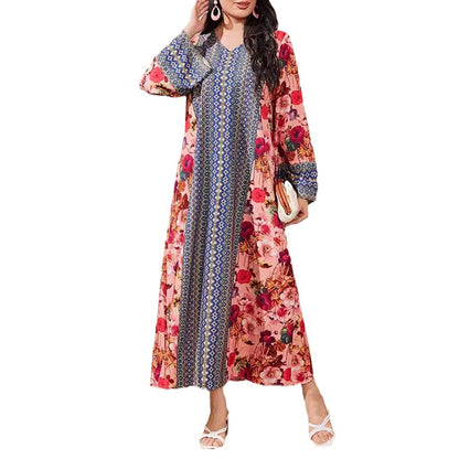 Women's Printed Color-block Flared Sleeve Dress