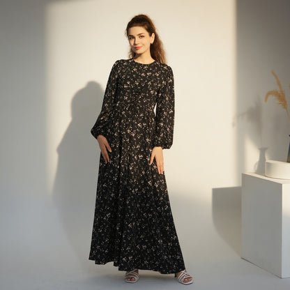 Floral Print Maxi Dress with Waist Tie Modest Long Sleeve