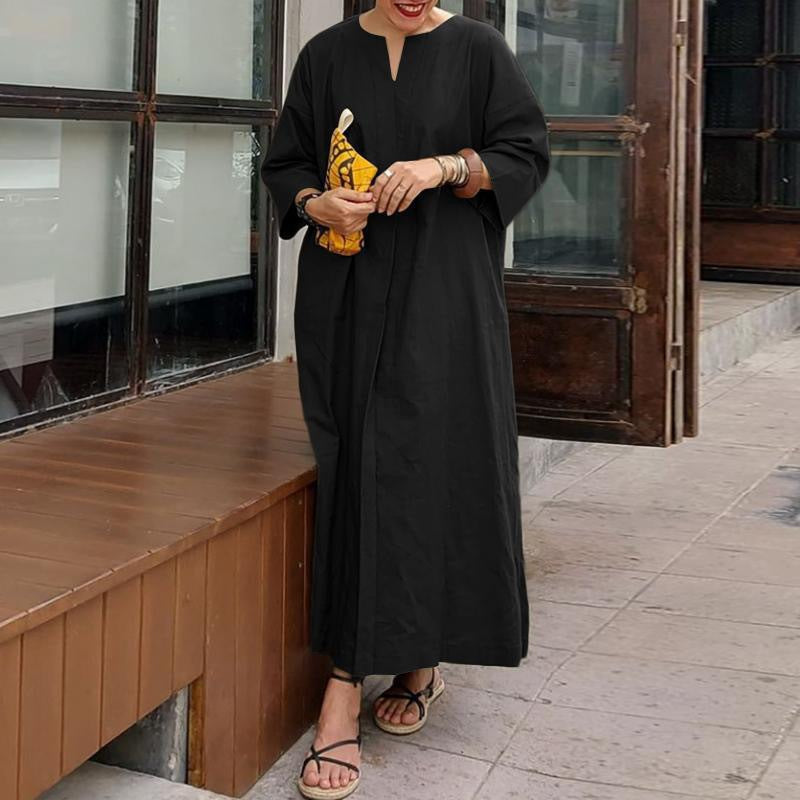 Solid Color Loose Casual Cotton and Linen Dress