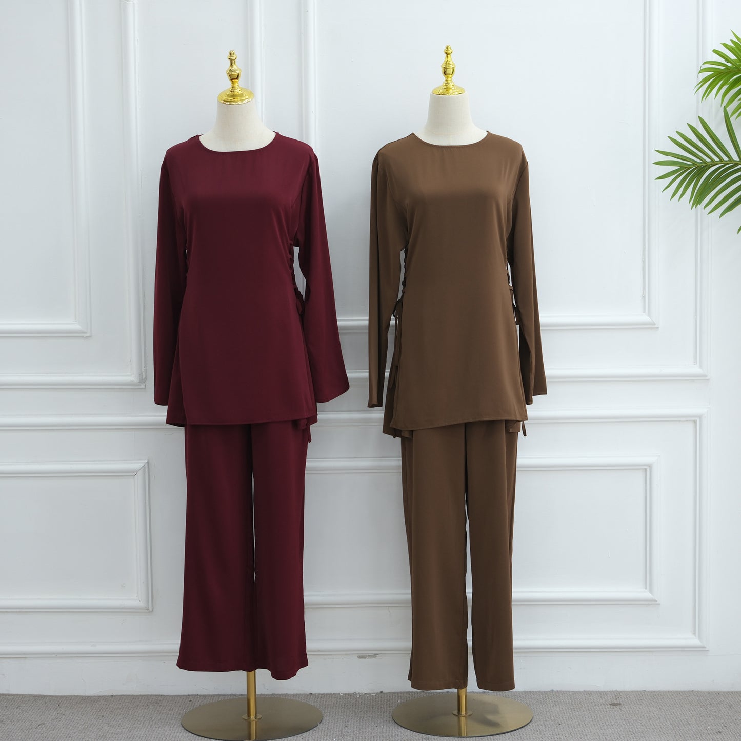 Elegant Modest Two-Piece Set with Long-Sleeve Top and Wide-Leg Pants | Nida Fabric Outfit