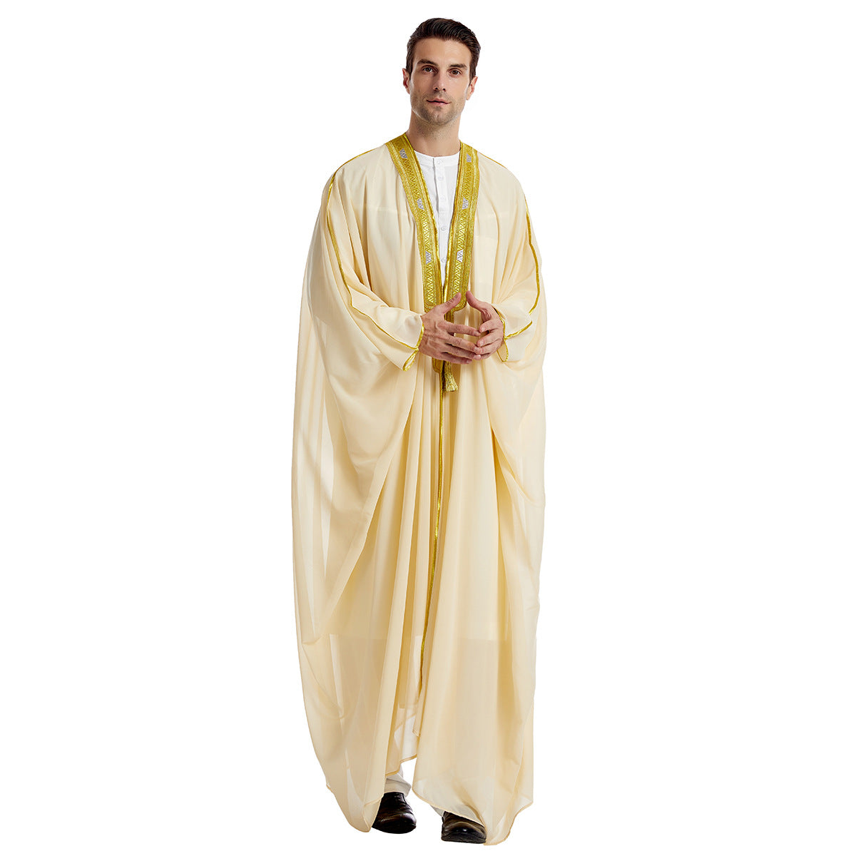 Arabian Men's Embroidered Long Sleeve Bearded Gold Beaded Thobe