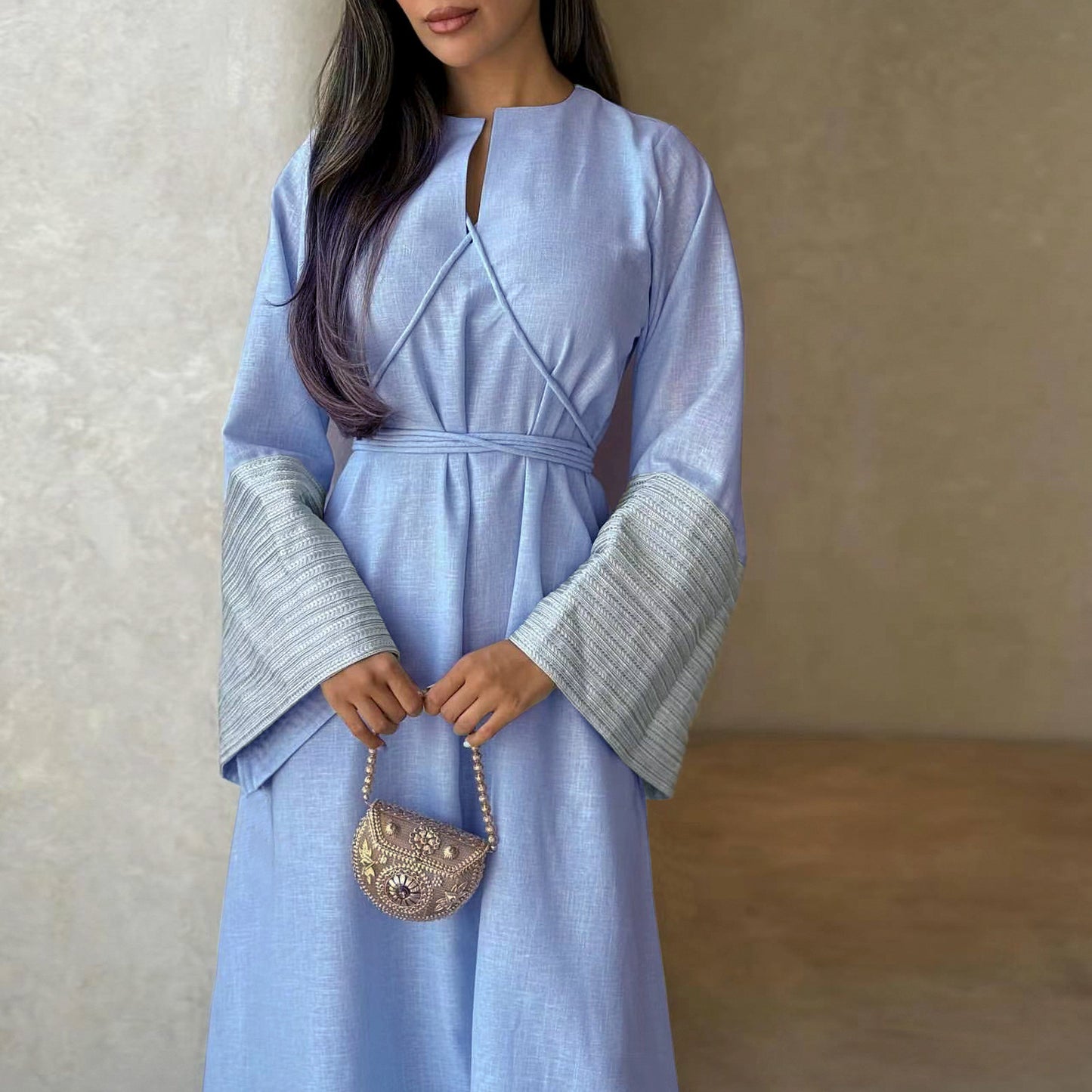 Modest V-neck Embroidery Elegant Abaya Dress