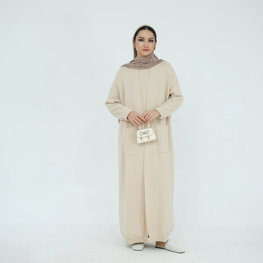 Thick Knit Two-Piece Abaya Set with Cardigan and Inner Dress