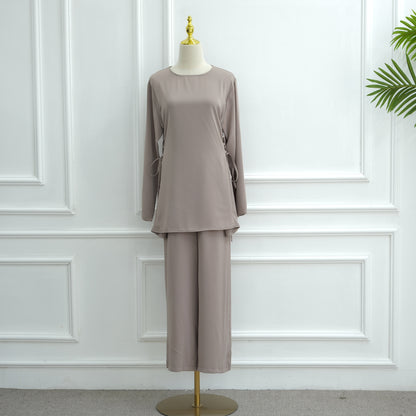Elegant Modest Two-Piece Set with Long-Sleeve Top and Wide-Leg Pants | Nida Fabric Outfit