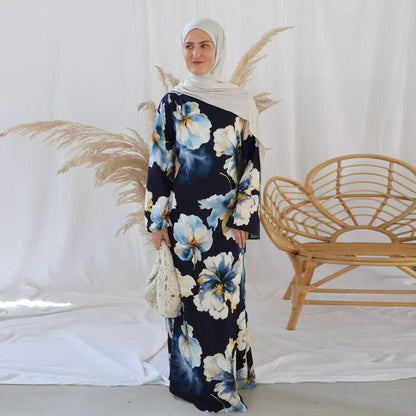 Floral Print Maxi Dress with Round Neck and Long Sleeves