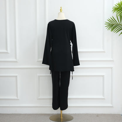 Elegant Modest Two-Piece Set with Long-Sleeve Top and Wide-Leg Pants | Nida Fabric Outfit