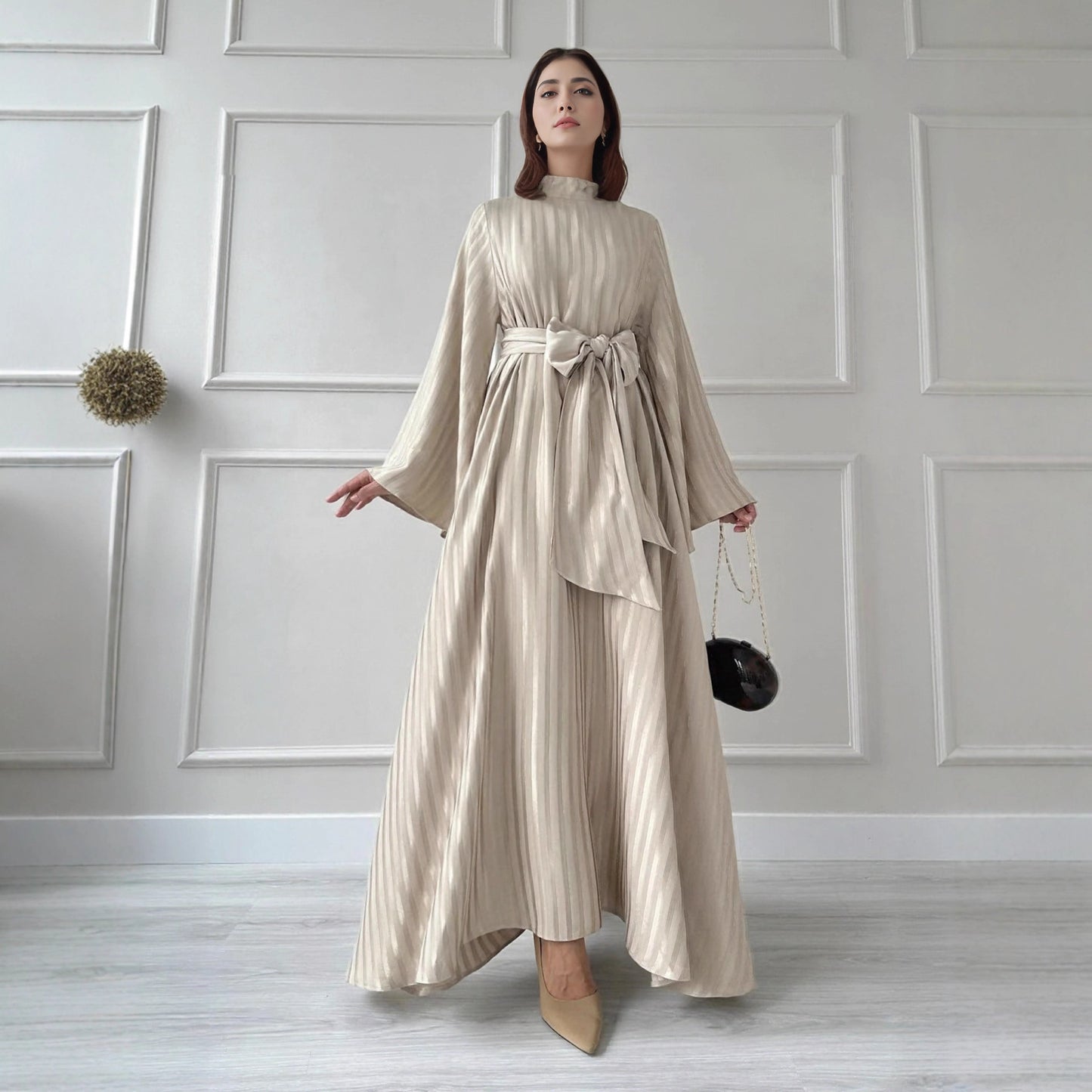 Satin Belted Maxi Dress with Flared Sleeves