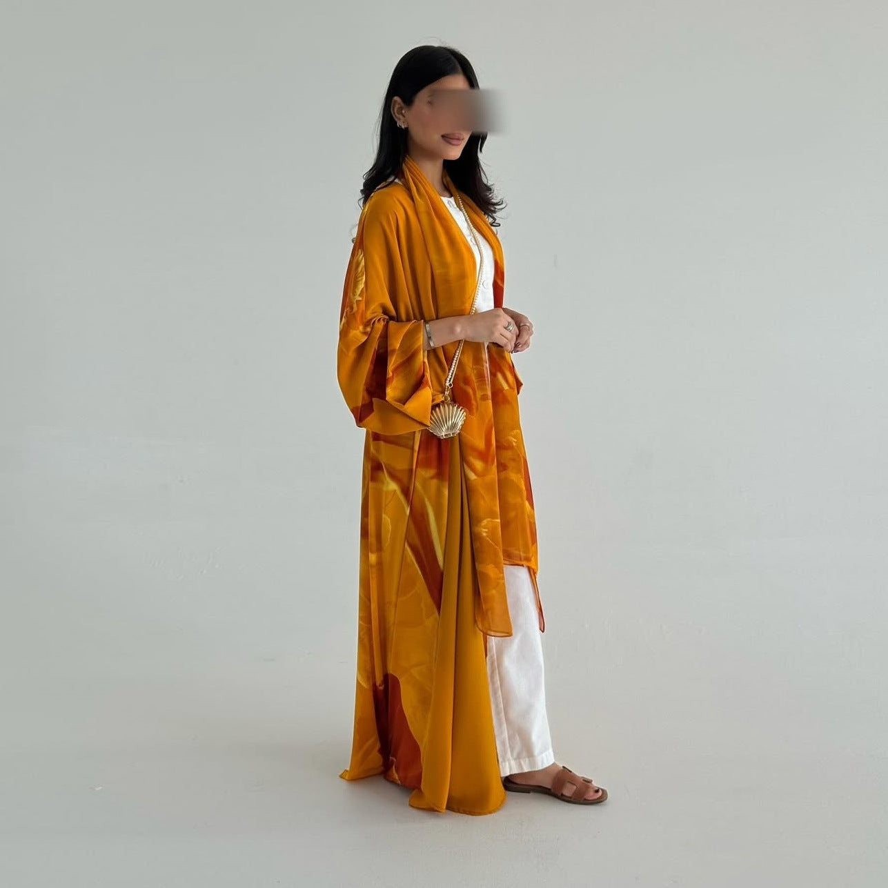 Printed Chiffon Open Abaya Cardigan Two Piece Set with Hijab