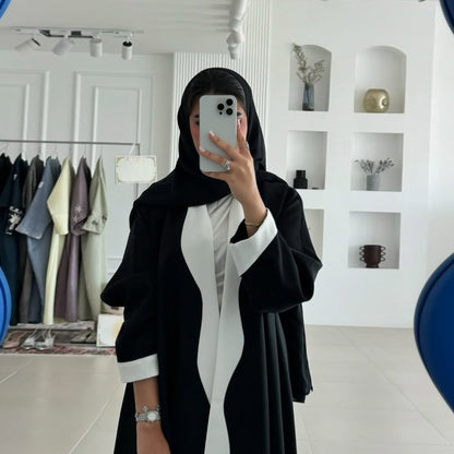 Black and White Contrast Abaya Open Front Long Robe for Women