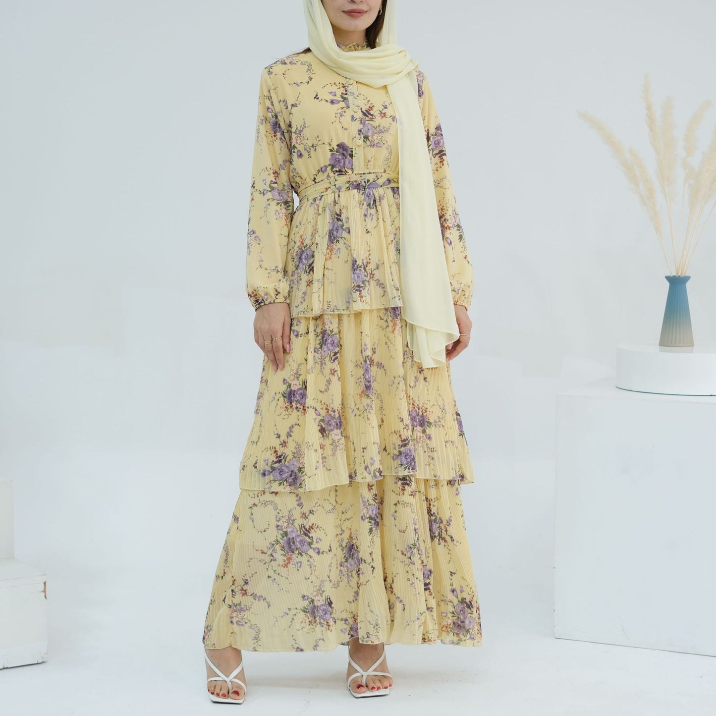 Floral Printed Islamic Modest Belted Tiered Maxi Dress