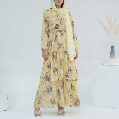 Floral Printed Islamic Modest Belted Tiered Maxi Dress
