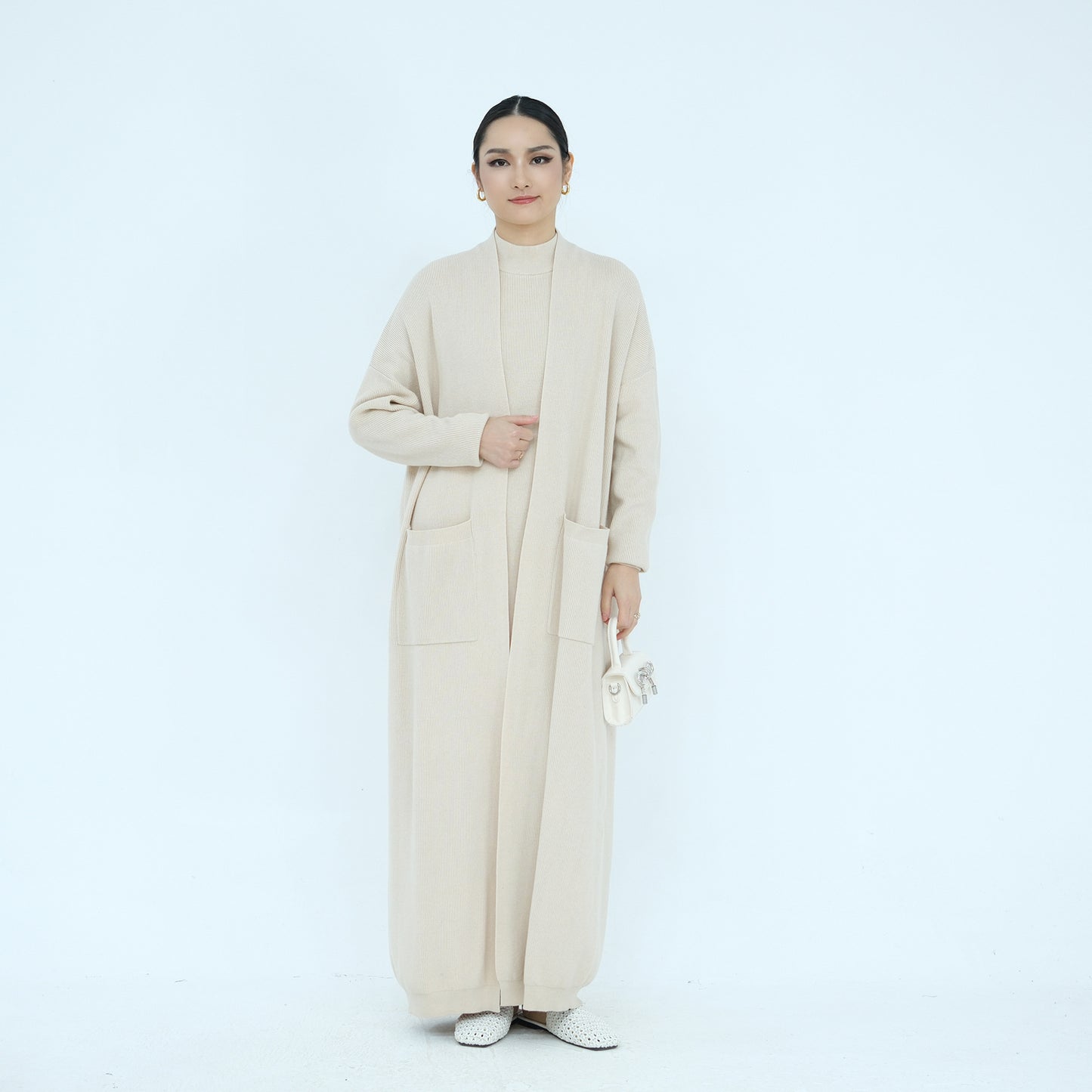 Thick Knit Two-Piece Abaya Set with Cardigan and Inner Dress