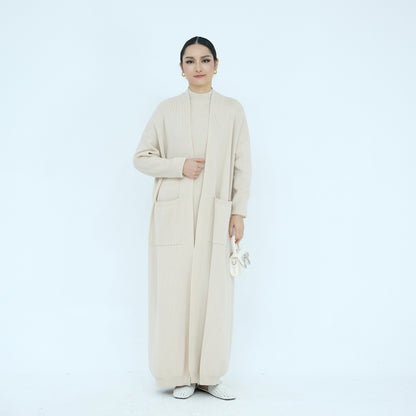 Thick Knit Two-Piece Abaya Set with Cardigan and Inner Dress