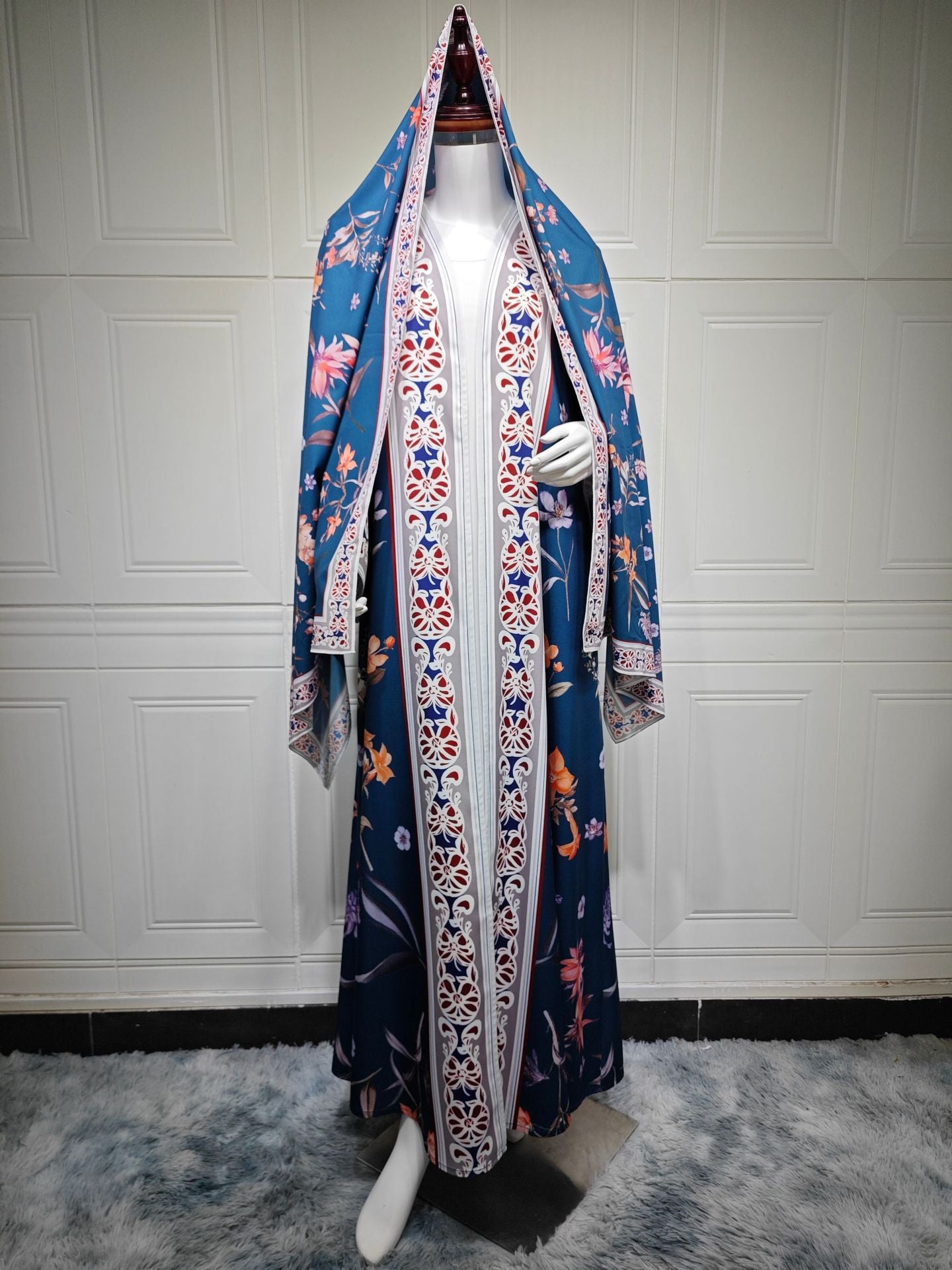 Modest Floral Print Abaya with Matching Scarf Two Piece Set