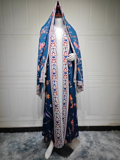 Modest Floral Print Abaya with Matching Scarf Two Piece Set