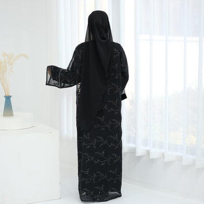 Full Embroidered Open Abaya with Inner Dress Elegant Modest Style