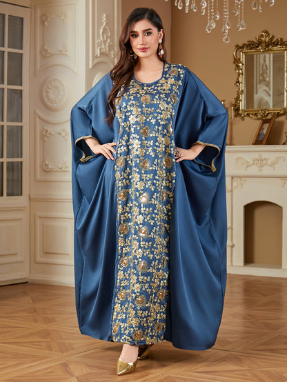 Dolman-sleeved Waist-cinching Loose Embroidered Dress