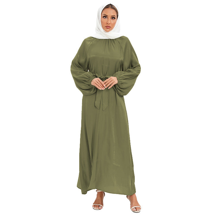 Satin Long Sleeve Maxi Dress with Bow Belt and Lantern Sleeves