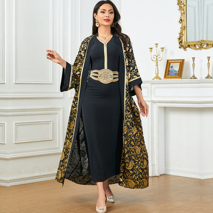 Women's Summer New Muslim Stamped Robe Two Piece Dresses
