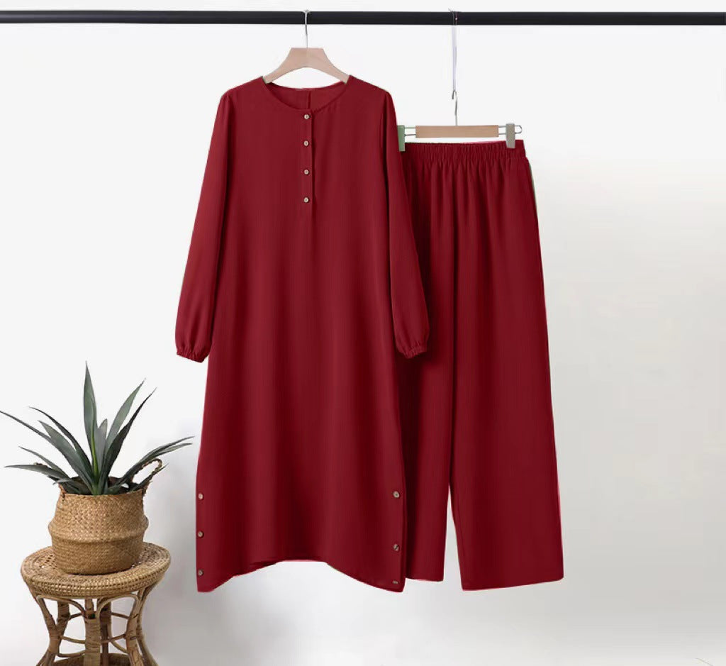 Women's Solid Color Long Sleeve Elastic Waist Set