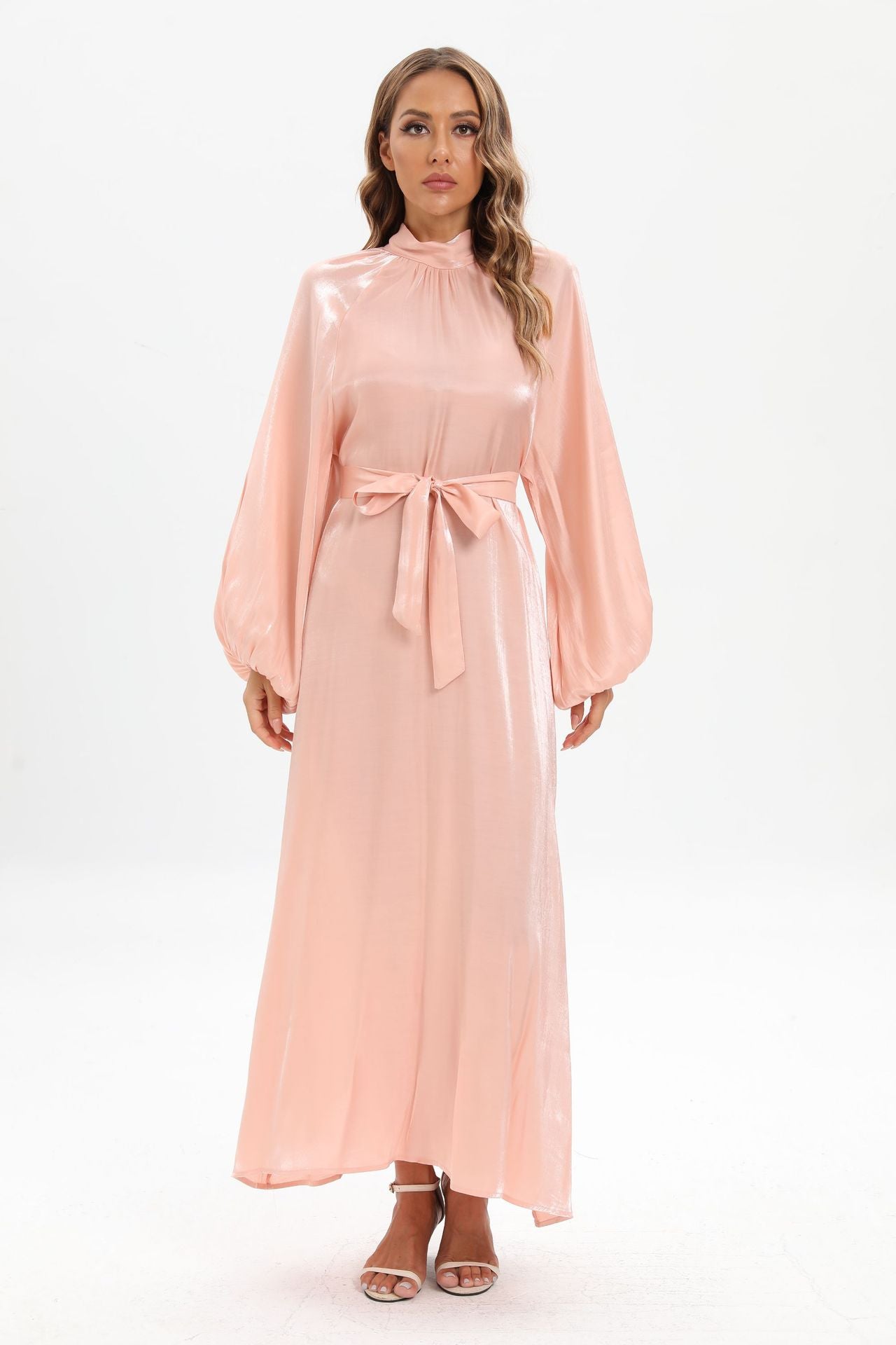 Satin Long Sleeve Maxi Dress with Bow Belt and Lantern Sleeves