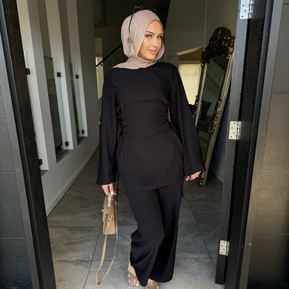 Elegant Modest Two-Piece Set with Long-Sleeve Top and Wide-Leg Pants | Nida Fabric Outfit