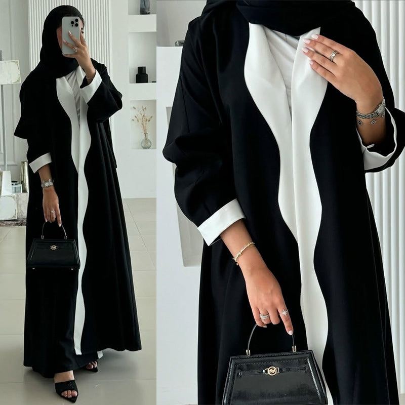 Black and White Contrast Abaya Open Front Long Robe for Women