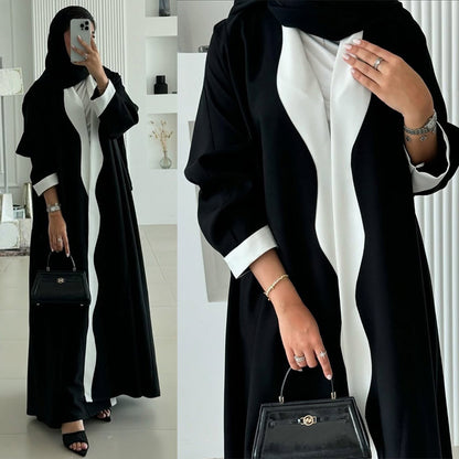 Black and White Contrast Abaya Open Front Long Robe for Women