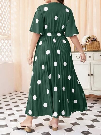 Women's Polka Dot Print Flared Sleeve Lace-up Pleated Dress