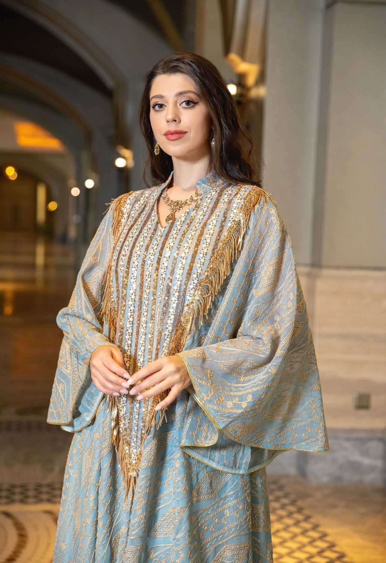 Women's Mesh Embroidered Sequin Jalabiya Dress