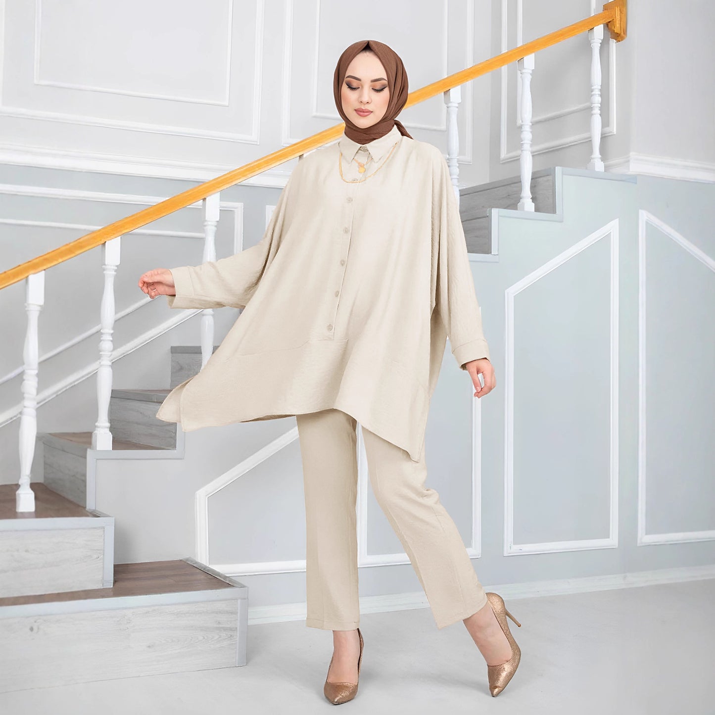 Loose Fit Batwing Sleeve Modest Two Piece Set with Shirt and Pants