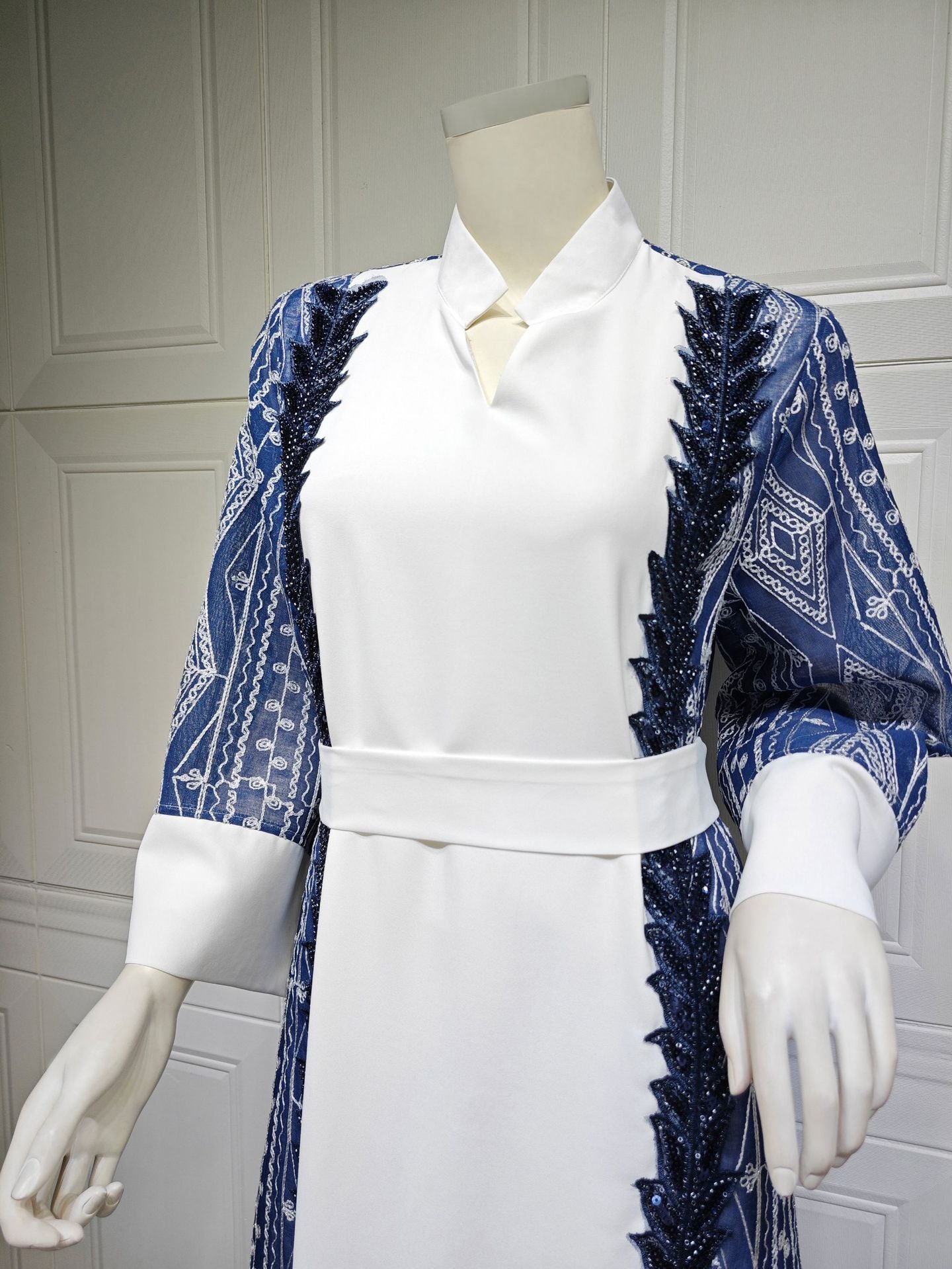 Colorblock Mesh Embroidered Beaded Muslim Dress