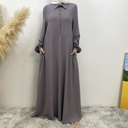 Plain Loose Buttoned Dress with Pockets