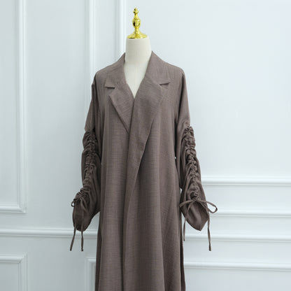 Elegant Blazer-Collar Abaya Cardigan with Ruched Sleeves