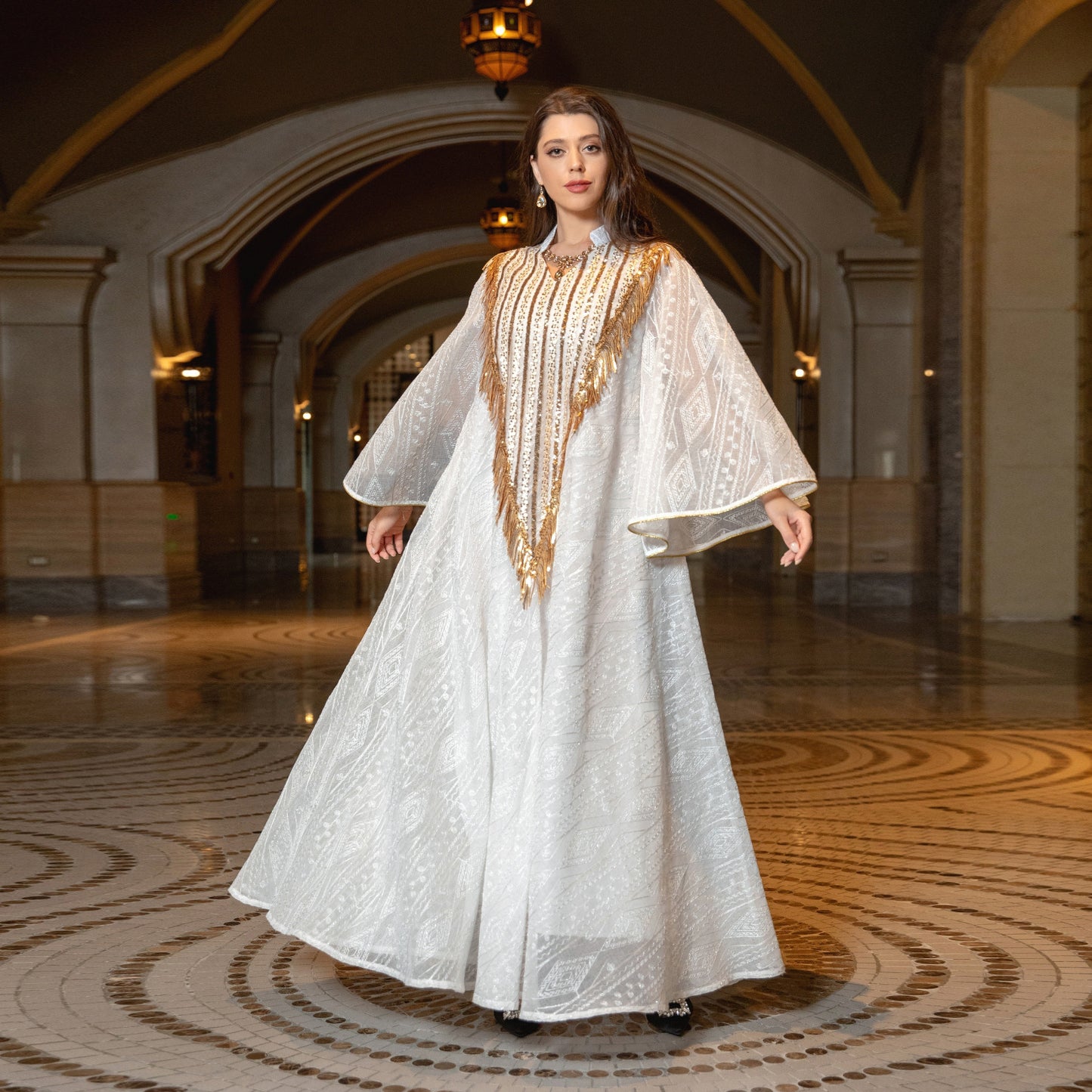 Women's Mesh Embroidered Sequin Jalabiya Dress