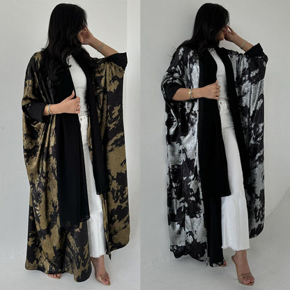 Elegant Black Golden Open Front Abaya Dress