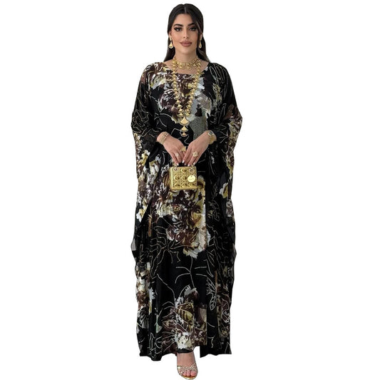 Printed Large-flowered Hot Diamond Chiffon Dress