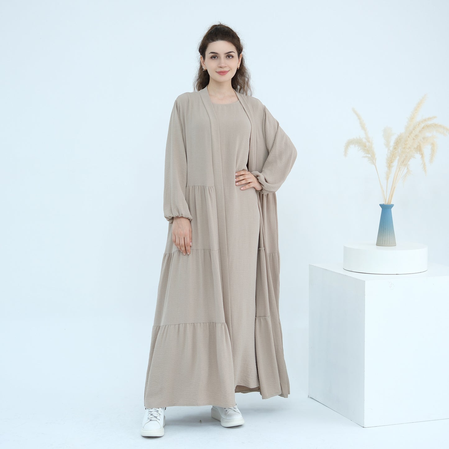 Solid Color Hijab-Friendly Modest Layered Two-Piece Set