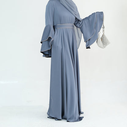 Beaded Nida Double-Layer Flare Sleeve Luxury Modest Maxi Dress