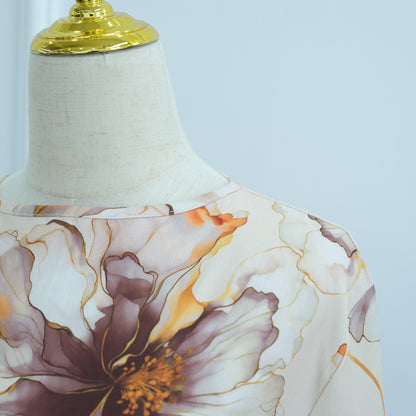 Floral Print Maxi Dress with Round Neck and Long Sleeves