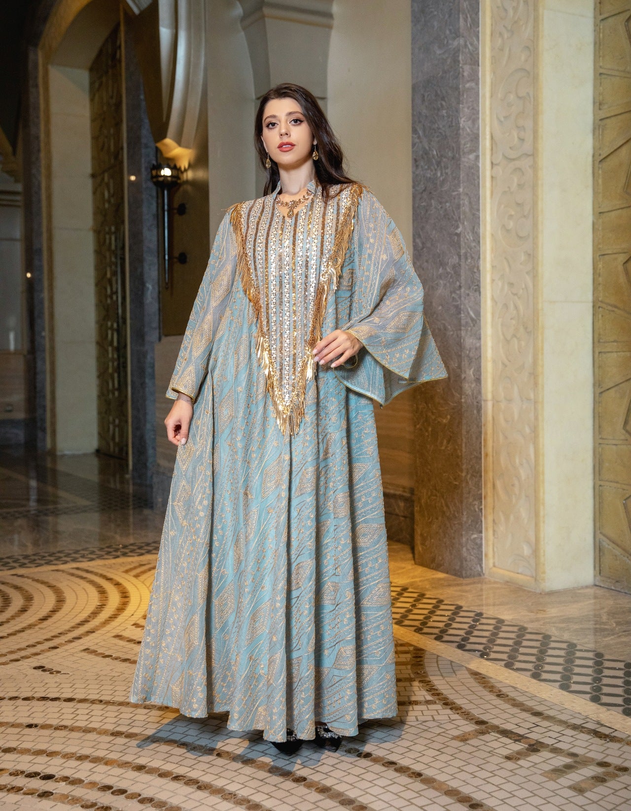 Women's Mesh Embroidered Sequin Jalabiya Dress