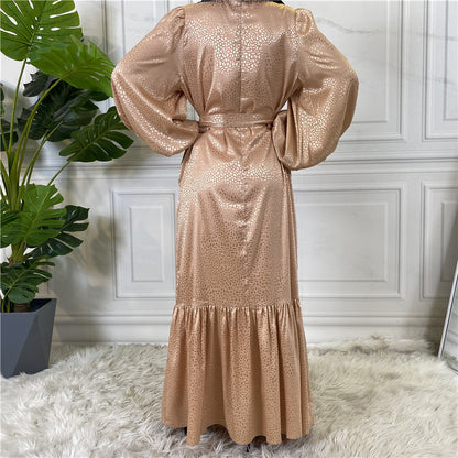 Modest Gold Jacquard Abaya Maxi Dress for Muslim Women