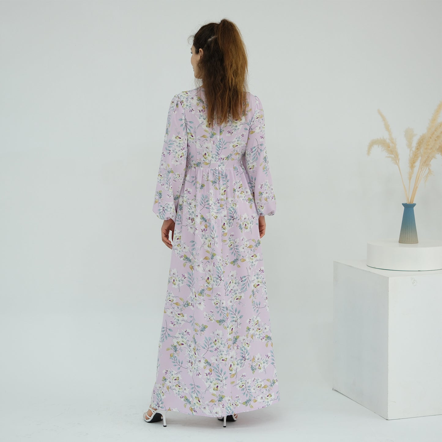 Floral Print Maxi Dress with Waist Tie Modest Long Sleeve